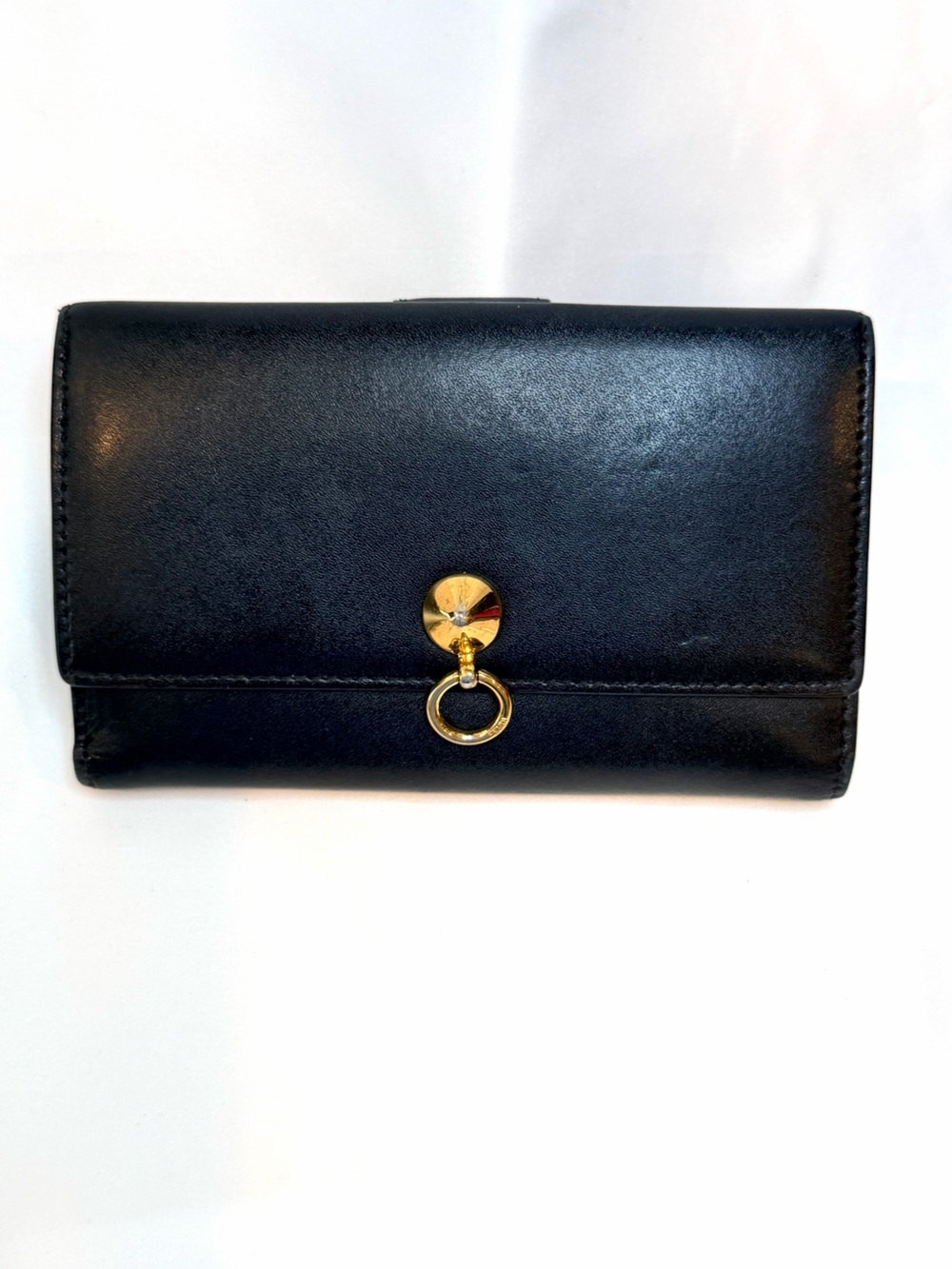 Fendi Vintage Black Leather Continental Wallet Gold Ring Hardware Made in Italy